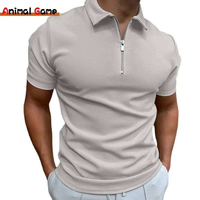 Animal Game Solid Color Polo Shirt Short Sleeve Turn-Down Collar Zipper T-shirt