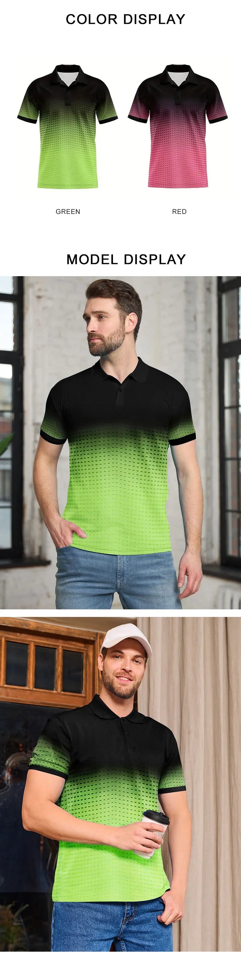 Breathable Ombre Golf Polo Stretch-Fit Short Sleeve Shirt with Button Details